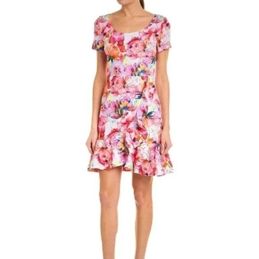 NWT ALEXIA ADMOR Pink Floral Fitted Cap Sleeve Watercolor Ruffle Dress‎ Sz 2